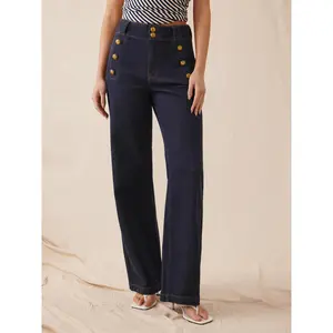 Cider Stretch Denim High Rise Straight Leg Trousers With Metal Detail