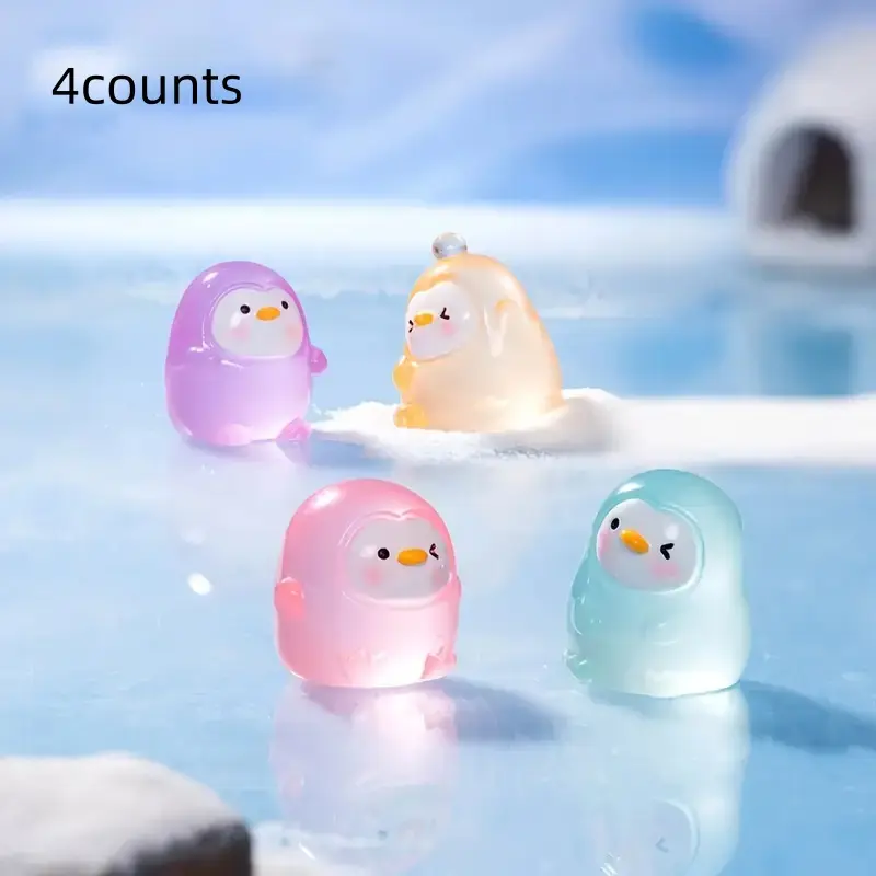 Mini Landscape Creative Cartoon Cute Night Glow Penguin Figurines, Arctic Snow Scene Decor Accessories, Set of 4 Pieces