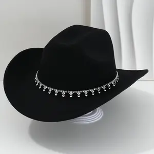 Western Hat Women Men Wide Brim Cowgirl Hat with Rhinestone Belt Decor Polyester Felt Jazz Cap for Party 56-58cm Circumference