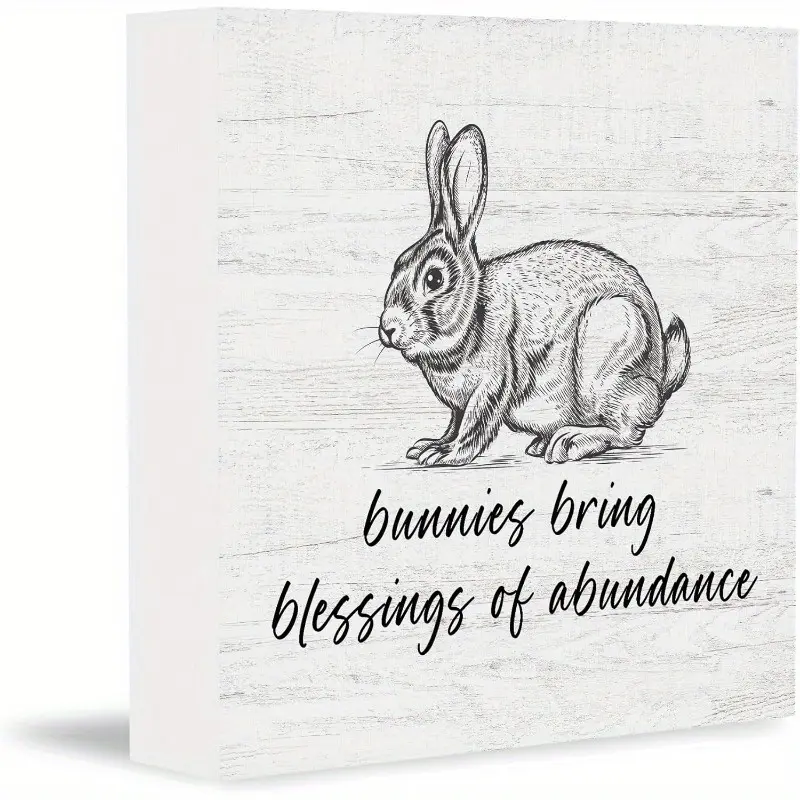 Easter Bunny Rabbit Wooden Box Sign, Bunnies Bring Blessings of Abundance Farmhouse Easter Bunny Decor for Wall Desk Shelf Tabletop Decoration Plaques 5x5 inch