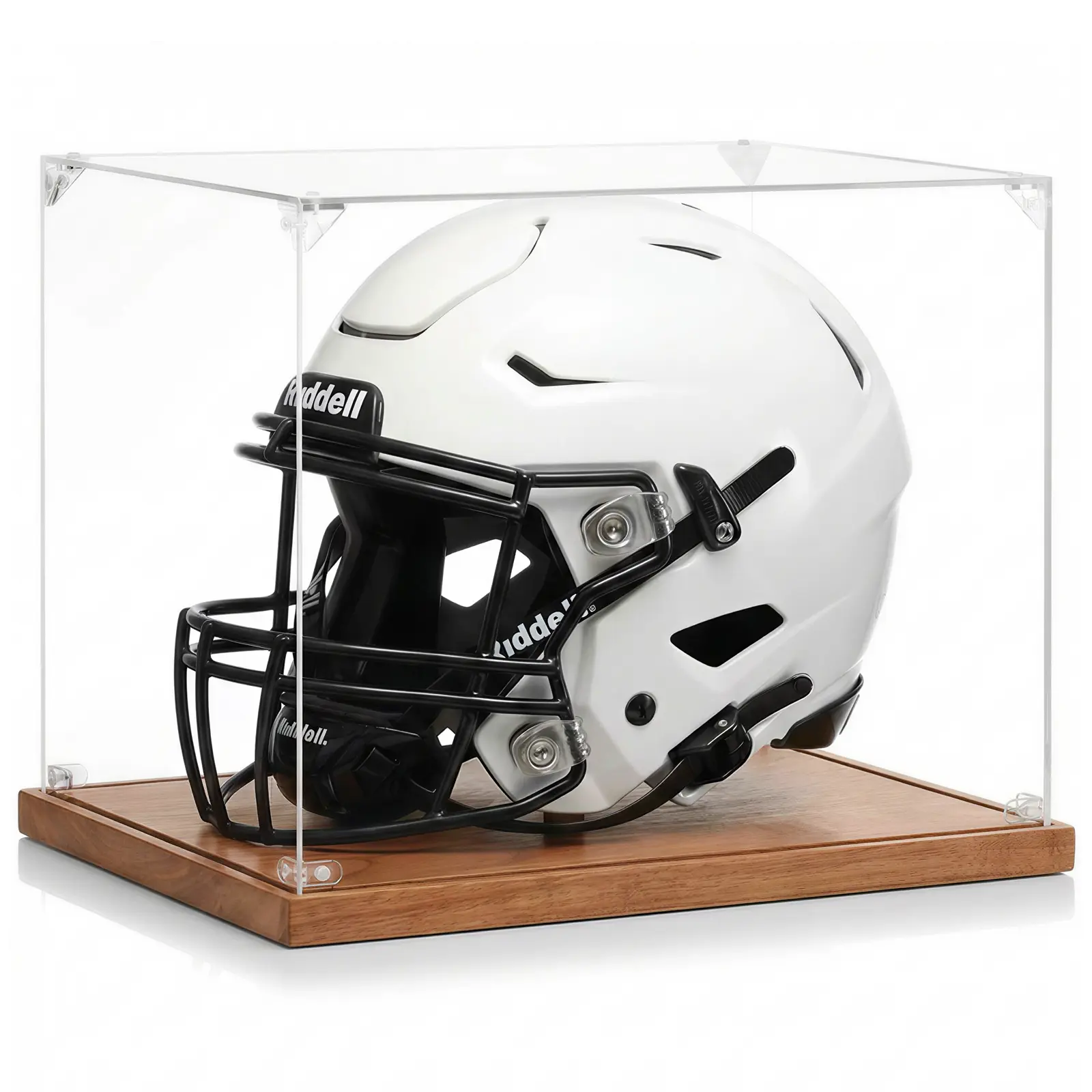 Football Helmet Display Case – Full Size Clear Acrylic Showcase Box with Wooden Base Stand – Sports Collectibles Helmet Storage & Display Organizer