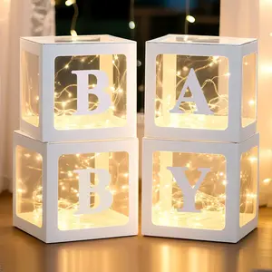 Boxes with Letters for  Shower Decorations, 4 count Clear  Balloon Boxes Blocks Decor with LED Fairy String Lights for Boy Girl  Decorations Backdrop Party (White)