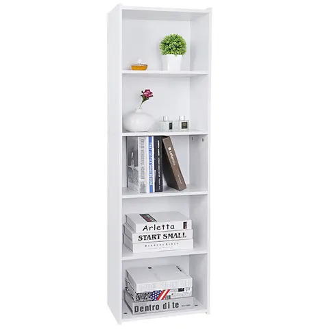 Minimalist Eco-Friendly 5-Tier Engineered Wood (MDF) Bookshelf with Book Holder - Stable, Compact Multipurpose Storage Rack, Easy Assembly Required Indoor Furniture for Bedroom, Office, Decor & Display