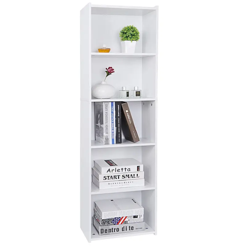 Minimalist Eco-Friendly 5-Tier Engineered Wood (MDF) Bookshelf with Book Holder - Stable, Compact Multipurpose Storage Rack, Easy Assembly Required Indoor Furniture for Bedroom, Office, Decor & Display
