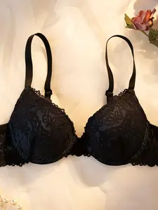 1pc Lace Patchwork Women's Push Up Bra for Comfort and Style, High Support Underwire Design for Everyday Wear, 3/4 Cup Coverage