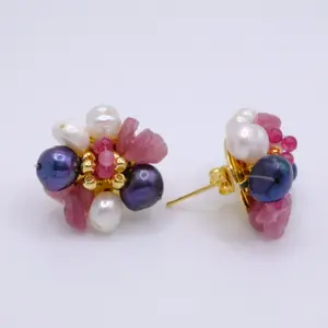 Clustered Purple Pearl Earring Studs with Raw Rhodonite Gemstones classy jewelry