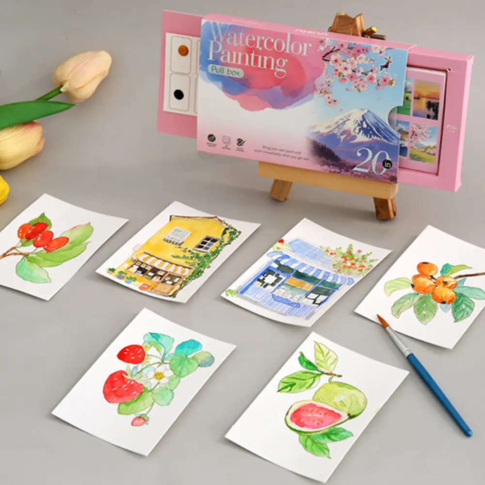 DIY Watercolor Bookmark Art Kit - Lightweight Compact Handmade Set with Pull-out Drawing Book, 20 Sheets Paper, Complimentary Pen, Cute Party Favor for Back-to-School