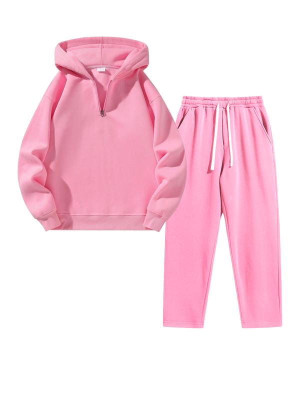 Autumn And Winter Two Piece Set Men'S Solid Color Casual Sports Suit, Half Zip Up Hooded Sweatshirt With Drawstring Waist And Pockets, Straight Leg - Fleece Lined, Warm Autumn Winter Outfit