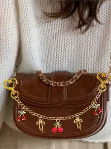 Cherry Bow Bag Charm Chain, Retro Sweet Cool Style Metal Chain Pendant, Detachable Heart Buckle, Compatible With Saddle Bags And Underarm Bags, Suitable For Daily Wear And Outing Outfits