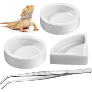 Boao 4 Pcs Reptile Food Water Bowl Set, 2 Round Reptile Food Dish 1 Corner Water Dish and 1 Feeding Tongs for Bearded Dragon Leopard Gecko Hermit Crab Chameleon Lizard Tortoise Spider Pet