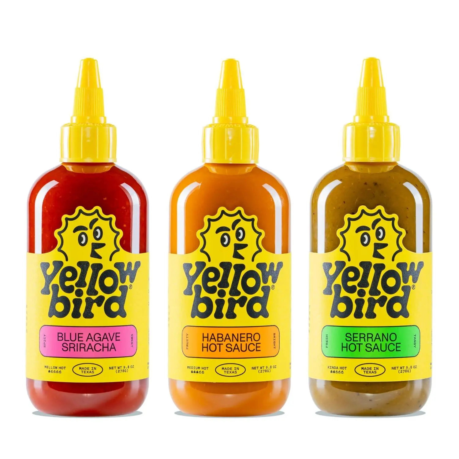 Yellowbird Classic Hot Sauce Variety Set 9.8 oz Pantry Size | Sriracha + Serrano + Habanero (3 Flavors | Made in Texas)