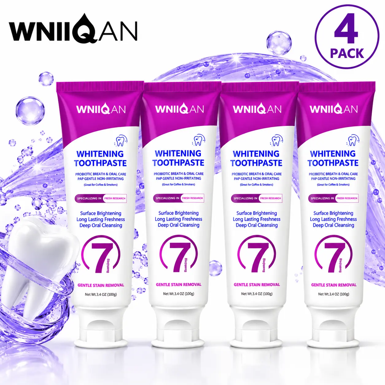 WNIIQAN Purple Toothpaste 4 Pack, Probiotic Oral Care, Fresh Breath, Gentle Daily Care Formula, 3.4 oz Each