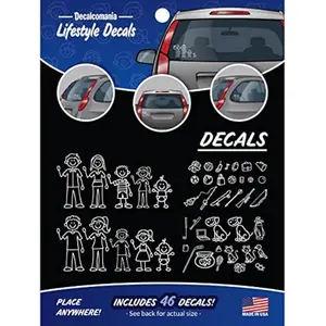 DIY Stick Figure Family Car Stickers Kit – 46-Piece White Decals Including Mom, Dad, Kids, Pets for Vehicle Decoration