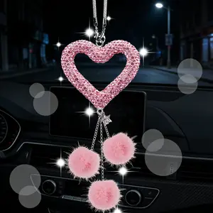 Heart-Shaped Rhinestone Fur Ball Car Mirror Ornament, Car Hanging Decoration, Car Accessory, Options, Sweet Fashion Bag Charm, Girl Gift