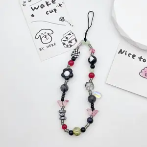 Cute Butterfly Design Beaded Phone Chain, Handmade DIY Beaded Phone Lanyard, Fashion Phone Charm for Women & Girls, Phone Accessories