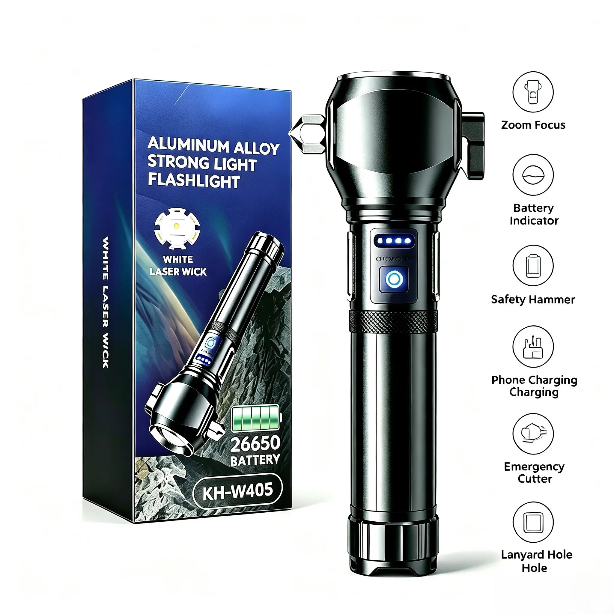 Zoomable White Laser Flashlight, SOS Emergency Signal, Car Safety Hammer, Seatbelt Cutter, USB Phone Charging, Battery Indicator, Vehicle Emergency Torch, Outdoor Flashlight