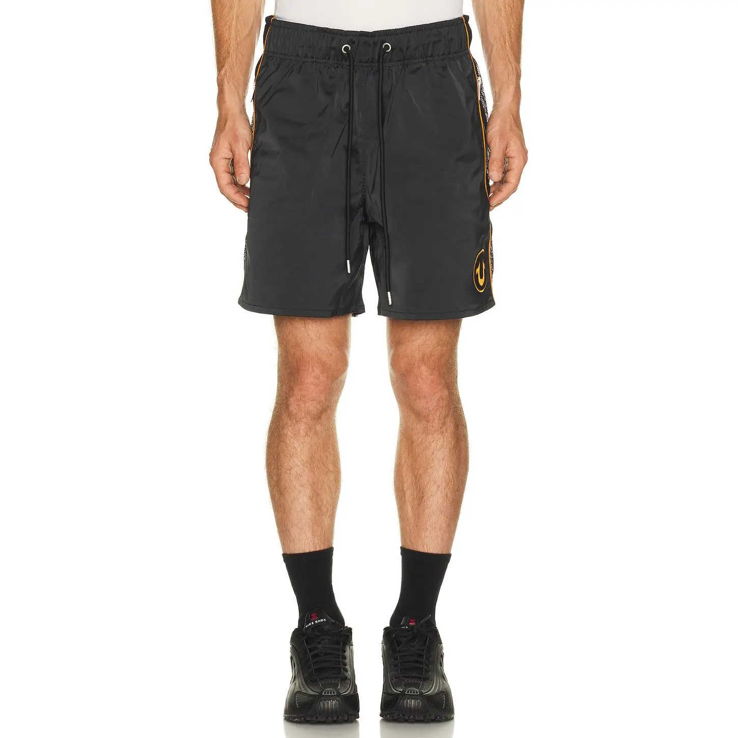 True Religion Mesh Block Satin Shorts in Jet Black