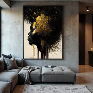 Black and Gold African Woman Portrait: Abstract Canvas Wall Art