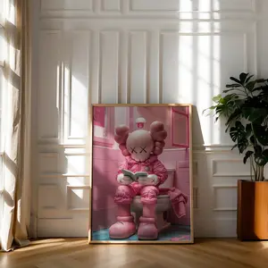Pink Kaws on Toilet Poster (Unframed), Funny Hypebeast Design, Minimalist Kaws Graffiti Print, Modern Luxury Decor, Bathroom Wall Art