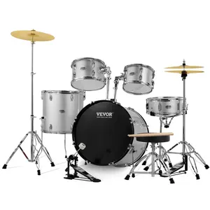 【Summervibes】VEVOR Adult Drum Set,  5-Piece, 22 inches Complete Full Size Drum Kit with Bass Toms Snare Floor Drum Adjustable Throne Stands Cymbal Hi-Hat Pedal and Drumsticks, Beginner Drum Kit for Adults, Silver