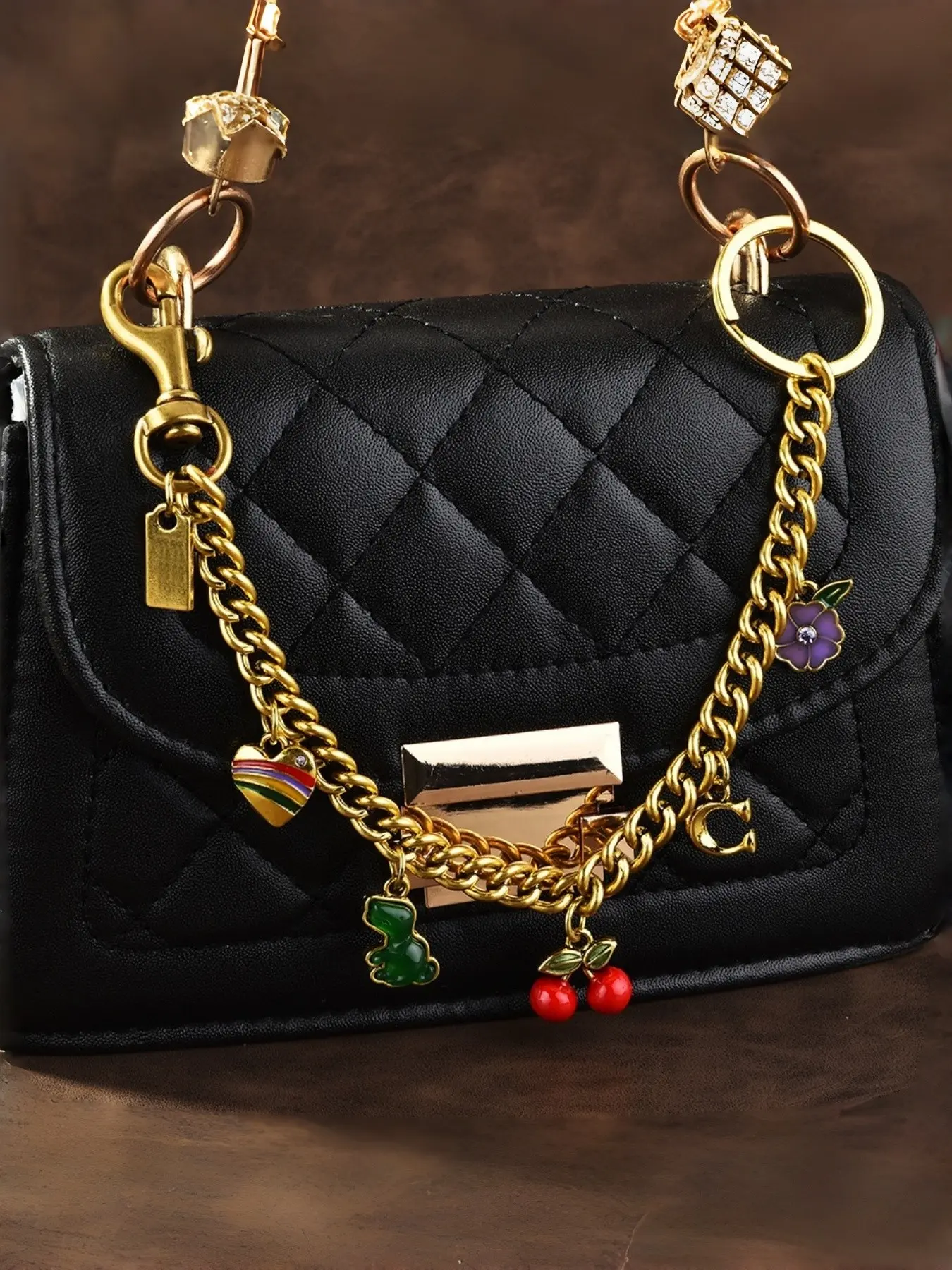 Vintage Y2K Multi-Element Bag Chain, Cherry Bear Rainbow Heart Flower C Letter Pendant, Fashion Bag Charms, Trendy Accessory for Girls Students Professionals, Bag Accessories