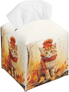 Cute Cat Leather Tissue Box Cover Holder Fall Decorative Square PU Leather Waterproof 5.2 Inches Universal Size for Home Bathroom Office Car A01
