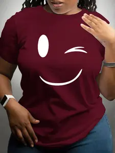 Women's Plus Size Casual Cute Expression Print Round Neck T-Shirt, Fashionable Short Sleeve Top for Spring Summer, Comfortable Fitted Style Soft Fabric
