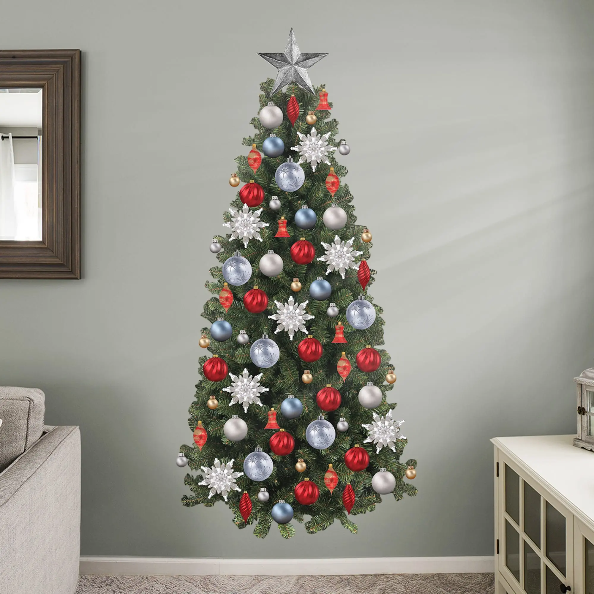 Christmas Tree Vinyl Wall Stickers - Removable Adhesive, Star Ornaments, Fade Resistant, Indoor Home Decor Supplies