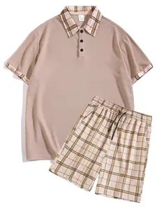 Men's Plaid Pattern Patchwork Two-Piece Casual Suit - Short-sleeved Collared Polo Shirt + Plaid Drawstring Shorts - Suitable for Business Casual and Daily Home Wear