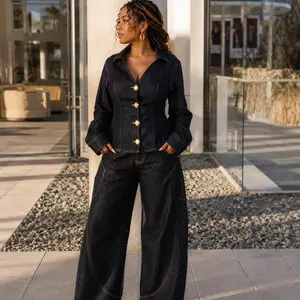 Stylish Stitched Curved Hem Denim Pants for Women | High Waist Wide Leg Fashion Jeans