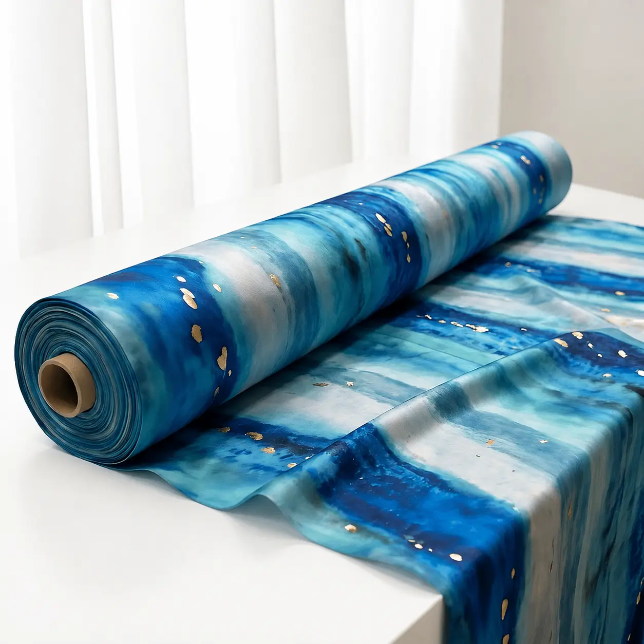 Water-Effect Ink Fabric with Gold Foil Detail, Glossy Elegant Draping Textile - Lightweight & High-End Fashion Material for Dresses, Long Gowns, Shawls