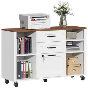 3-Drawer Locking Rolling File Cabinet – White Lateral Filing Cabinet with Casters, Fits Legal/Letter/A4 Files, Adjustable Rod