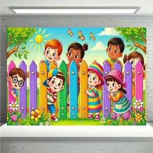Summervibes 1pc Polyester Vibrant Playground Scene Backdrop Wall Banner with Colorful Print, Colorful Fence, Sun, Flowers, Happy Faces - Perfect for Party Decor, Studio Use, Outdoor Celebrations | Festive & Home Supplies Backdrop, Vibrant Scene,summervibe