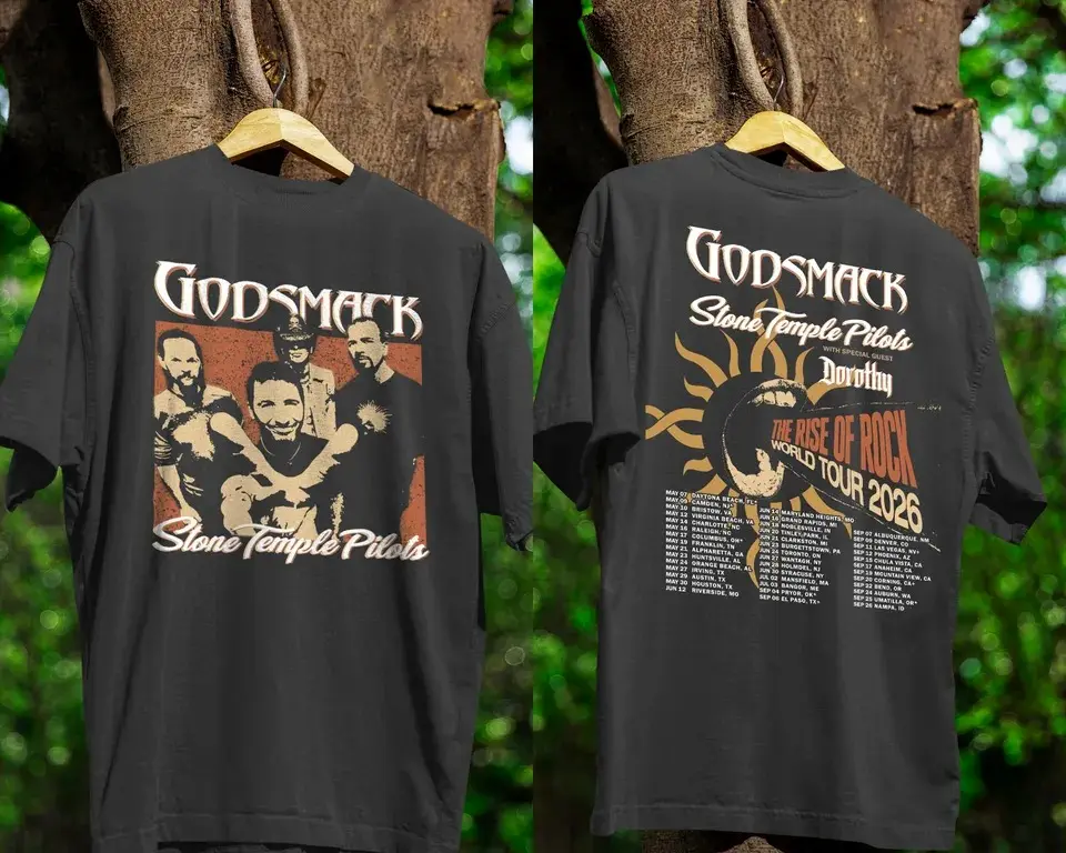 Godsmack Stone Temple Pilots World Tour 2026 Unisex T-Shirt, Black Vintage Band Portrait Tour Dates Shirt, Perfect Rock Gift for Fans