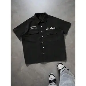 (Gold promotion)Manfinity Streetrush Manfinity Streetrush Men's Loose Fit Utility Pocket Design Casual Shirt, Blue Button-Up Short Sleeve Shirt, Multi Pocket Casual Shirt,Button Up Men Shirt