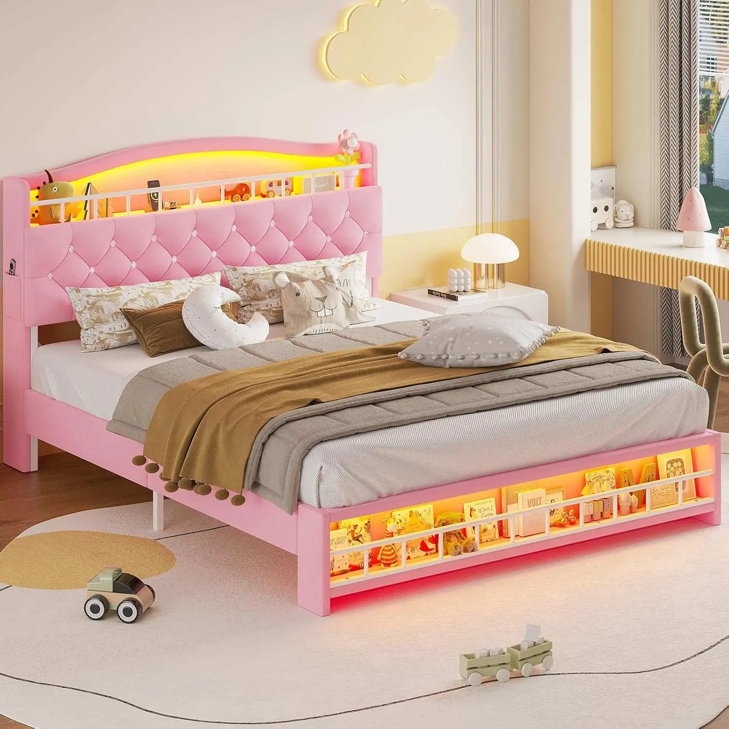 Sikaic Full Size Blush Pink Velvet Princess Upholstered Platform Bed Frame - RGB LED Lights, USB Port Charging Station, Hidden Storage (RGB-Lit, Pink Full Size Bed Frames)