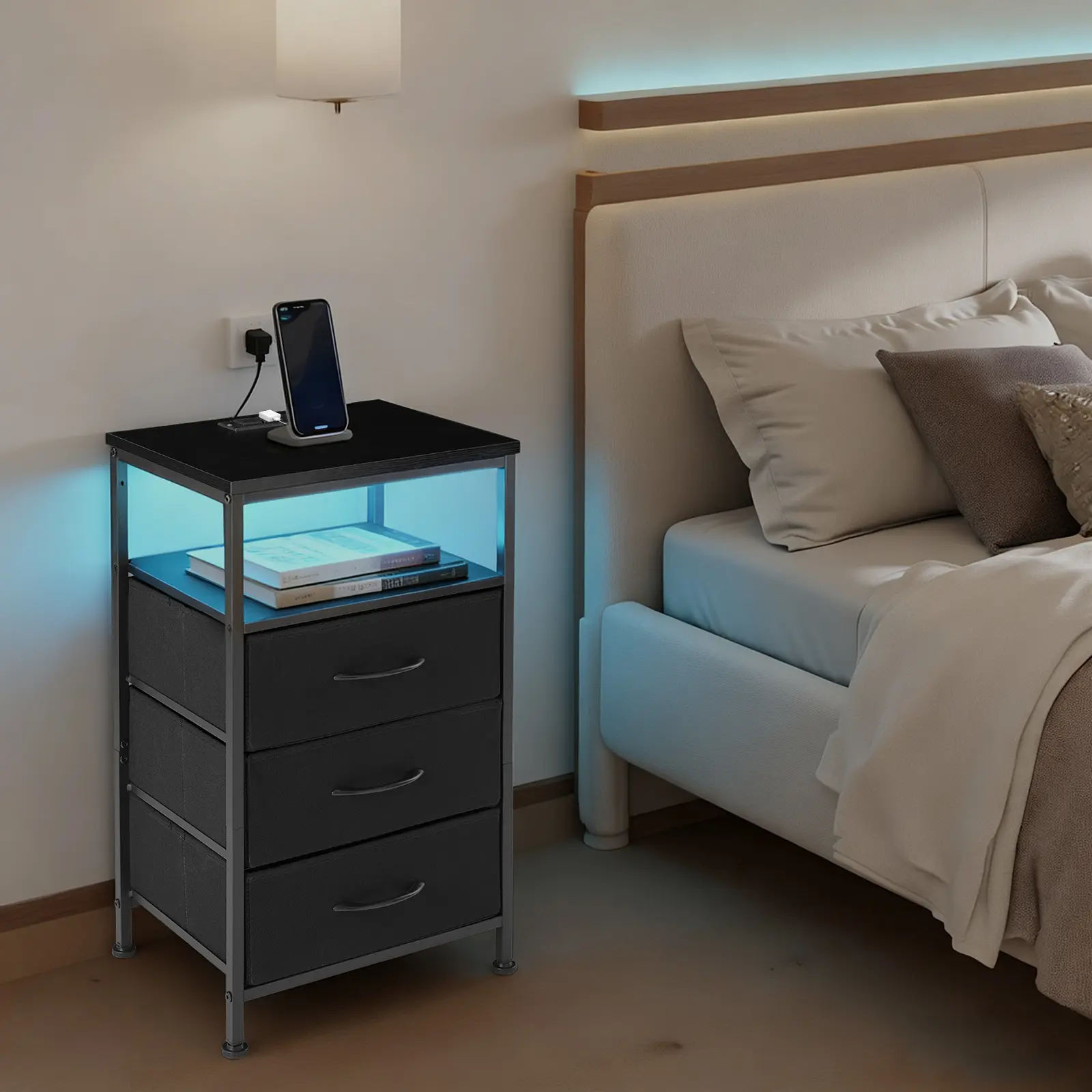 3-Tier Fabric Drawer Modern End Table Bedside Nightstand with Charging Station, USB Type-C Ports, Electrical Outlets, LED Light Strip, Black Drawers, Metal Frame for Bedroom, Home Office Use