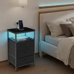 Bedside Nightstand with Charging Station, 3-Tier Fabric Drawer End Table with USB Type-C Ports and Electrical Outlets, LED Light Strip, Metal Frame with Black Drawers, Perfect for Bedroom Living Room and Home Office Use