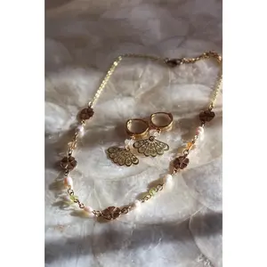 Lakipati Bundle | Filipino Heritage Inspired Crystal Jewelry Set | Sampaguita Necklace & Fan Huggiee Earrings | Peridot, Citrine, Pearl, Quartz