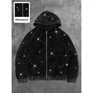 Hooded rhinestone hoodie, casual and fashionable, warm and comfortable, perfect for autumn and winter, men's top for daily and outdoor activities