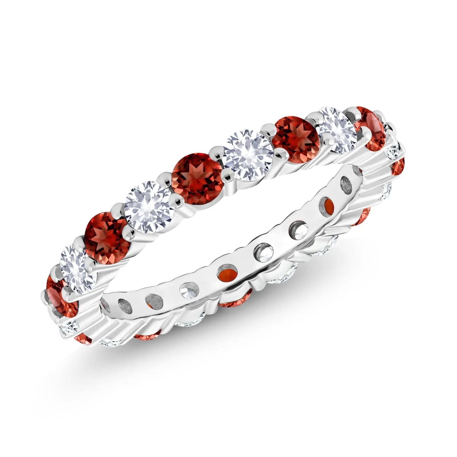 1.50 Cttw Red Garnet and White Created Sapphire Eternity Band Ring For Women | 925 Sterling Silver | Gemstone Birthstone | Wedding Engagement Anniversary Promise Ring For Women