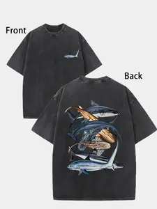 valentine shirts Men's Heavyweight Vintage Washed Shark Graphic T-Shirt - Oversized Relaxed Fit with Front & Back Shark Print, Soft Breathable Fabric, Streetwear Casual Tee for Men (Big & Tall Sizes Available) - All-Season Comfort, Machine Washable
