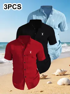 3-Pack Men's Summer Short Sleeve Casual Shirts, Chest Print Design, Lightweight Breathable Solid Stand Collar Button Shirt, Ideal for Beach Poolwear