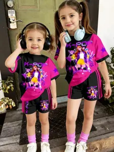 Girls' Sporty Style K-Pop Superstar Tween Girl Casual Loose Short Sleeve Top and Shorts 2 Piece Set, Sports Apparel, All Seasons Fitted Suit