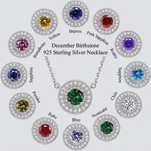 December Birthstone Round Pendant Necklace, Fashion Artificial Gemstone Accessory with Sapphire, Ruby, Pink Diamond Zircon, Emerald, Summer Vibes Jewelry