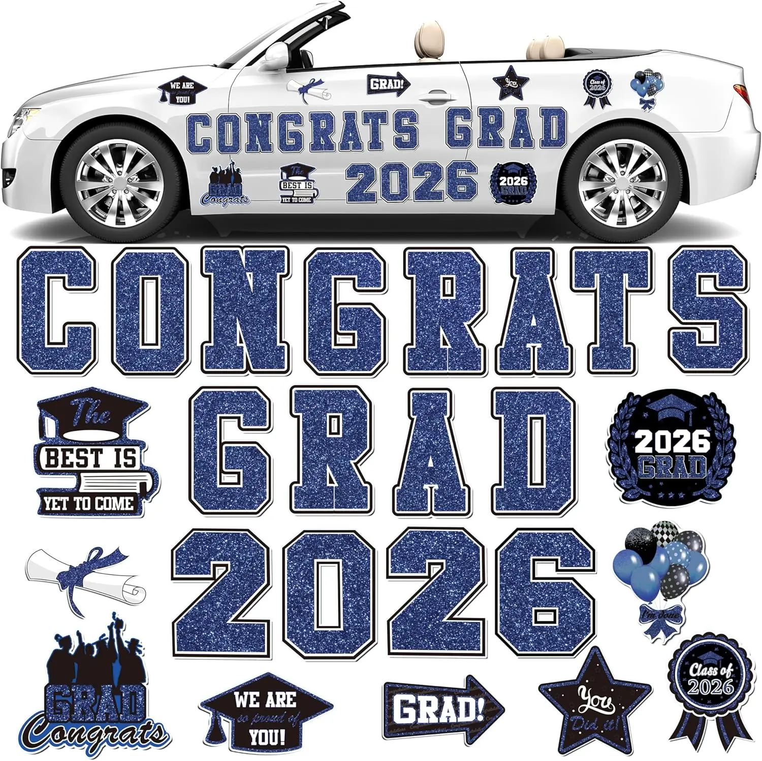 2026 Graduation Car Magnet Decoration 25Pcs, Magnetic Congrats Grad 2026 Refrigerator Garage Door Stickers, Class of 2026 Graduation Car Magnet Decal for Parade Decor Graduation Party Supplies (Blue)