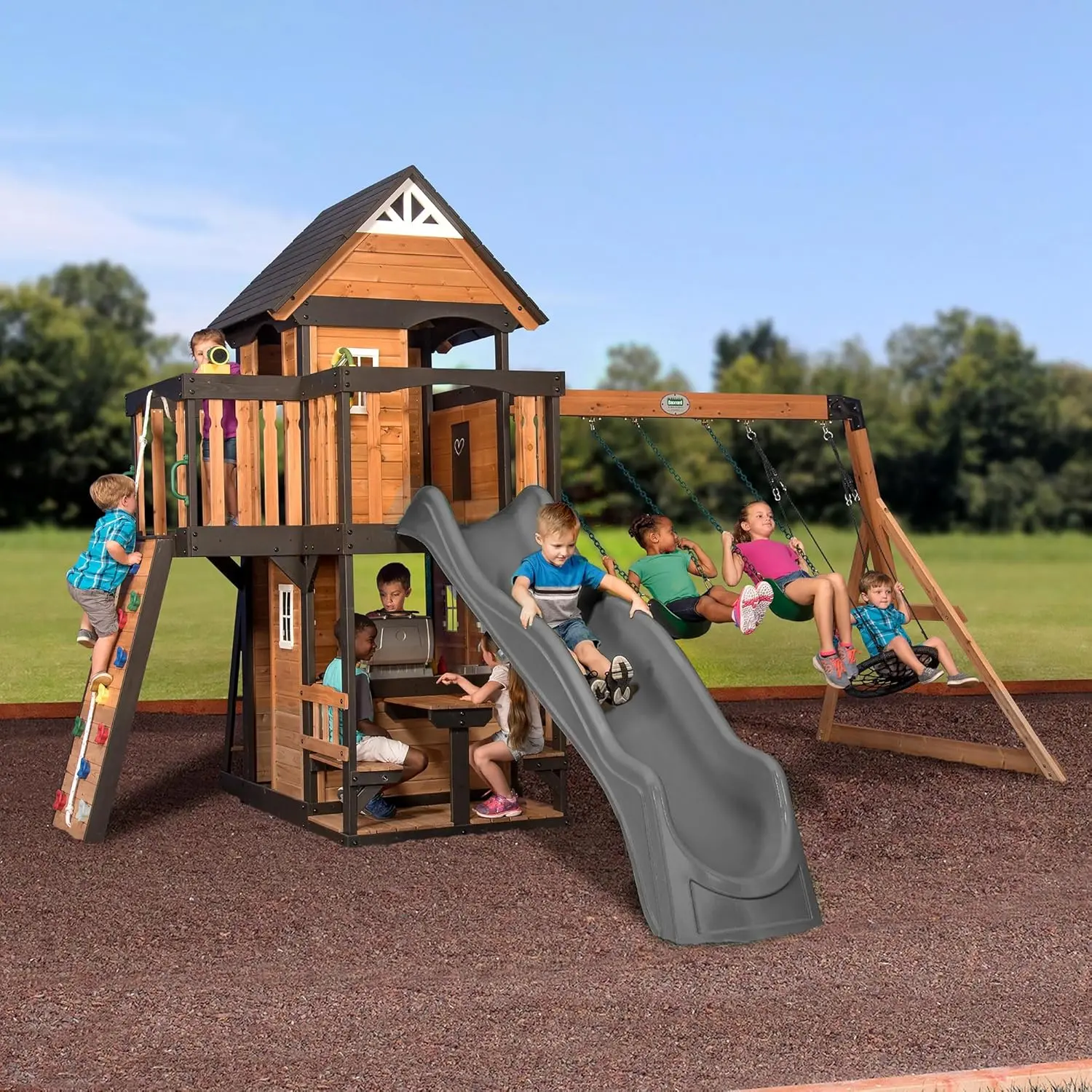 HHQWBackyard Discovery Canyon Creek Cedar Wood Swing Set with Wave Slide, Clubhouse, Play Kitchen, Picnic Area, Belt Swings, Web Swing, Rock Wall, Balconies, Playhouse, Step Ladder, Outdoor Playset