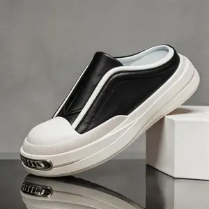 Men’s Leather Backless Slip-On Sneakers - Closed-Toe Casual Mule Loafers, Thick Platform Sole, Lightweight for Indoor & Outdoor Use
