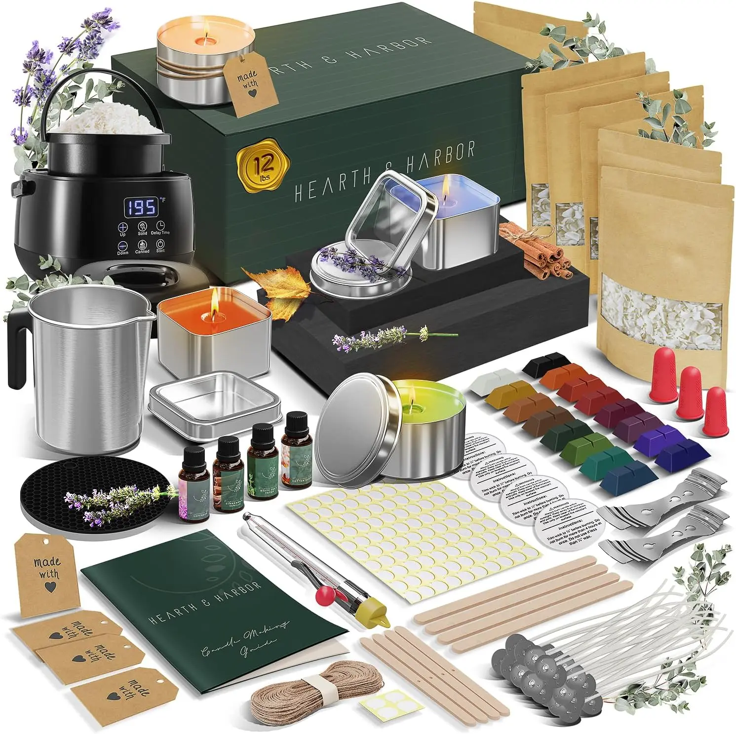 Hearth & Harbor Organic Soy Candle Making Kit for Adults, DIY Crafts Complete Supplies with Natural Wax, Tins, Scents, Dyes, and Wicks, Perfect Home Decor Gift