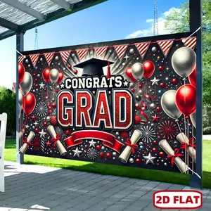 1pc 2D Flat 2D/Flat Banner, Graduation Celebration Pattern Banner, 180.01 *, Red and White Balloons and Stars, Banner Decorations, Photography Props and Supplies